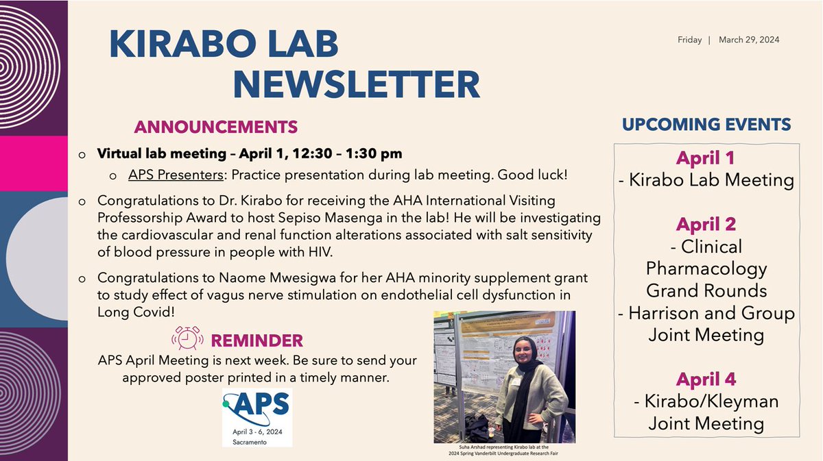 The #KiraboLab newsletter! Huge thanks to @AHAScience supporting our @vuglobalhealth research! Congratulations @sepiso_masenga @Naome2Naome! Thanks, Suha for representing at the VU Undergrad Symposium! Looking forward to @APSPhysiology #APS2024! Thanks #LabManager @ShariaYasmin