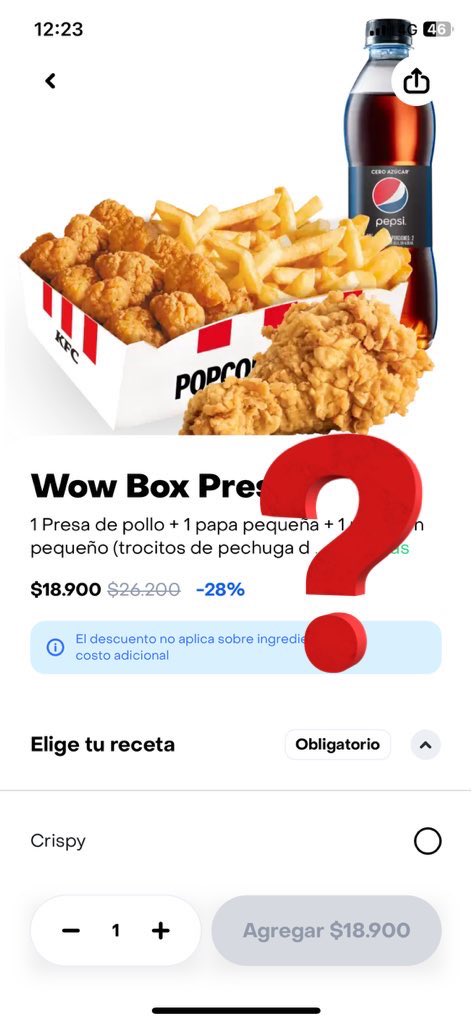 RACerrada's tweet image. En el menú de @kfccolombia 14.900 COP y supuestamente con beneficios de @RappiColombia PRO BLACK me sale en 18.900 COP.

¿Estoy pagando para que me salga más caro con uds?