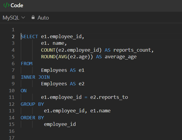 ishwari03's tweet photo. @LeetCode @SQLServer @MySQL 📌Explanation: 
1. Inner join Employee table with itself to pair employee with their report 
2. Count no. of direct reports for each employee 
3. Get avg age of direct reports for each employee 
4. Group by employee ID &amp; name 
5. Arrange employee_ID as ASC
#100daysofcodechallenge https://t.co/qwdCfPvT7j