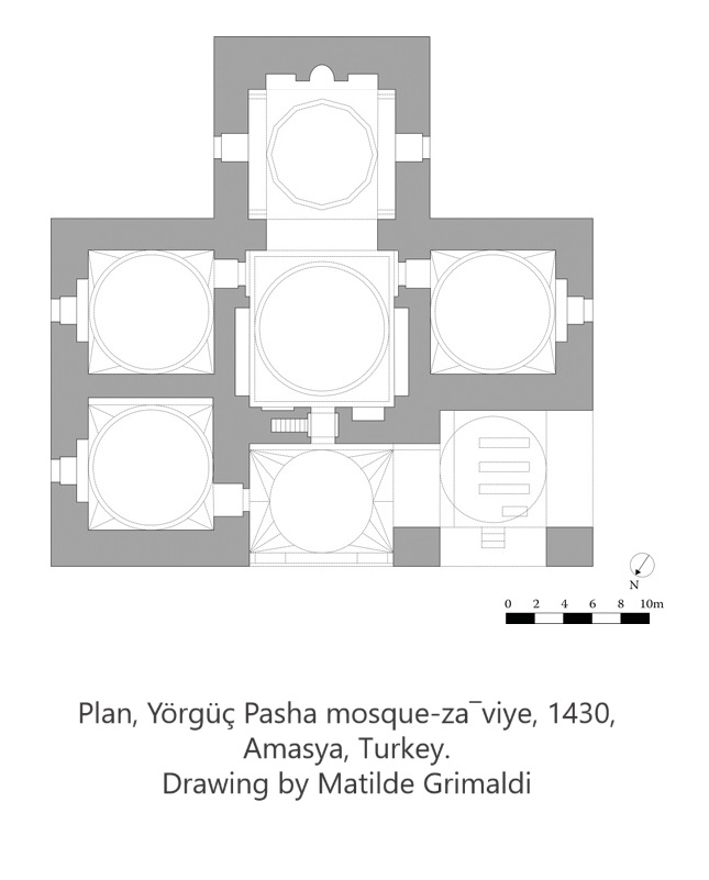 YÖRGÜÇ PAŞA CAMİİ (1428), Amasya

1-Kuzeydoğu odanın kapısı üzerinde bulunan bitkisel bezemeli pano (çizim; Mustafa Çağhan Keskin),
2-Plan, Yörgüç Pasha mosque-za¯viye, 1430, Amasya, Amasya, Turkey. Drawing by Matilde Grimaldi