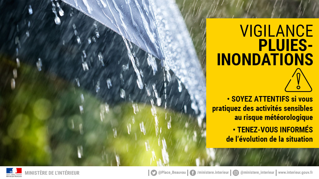 🟡🌧️ Vigilance jaune 'pluies-inondations' pour le département des Alpes-Maritimes toute la journée du dimanche 31 mars à partir de 00h00 jusqu'au lundi 1er avril 2024 à 06h00. Soyez vigilants.