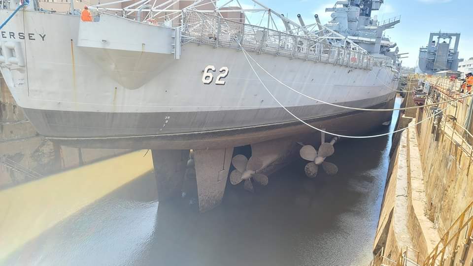 After a little bit of a delay, she's almost high and dry! (Photo courtesy of Ryan @BattleshipNJ )