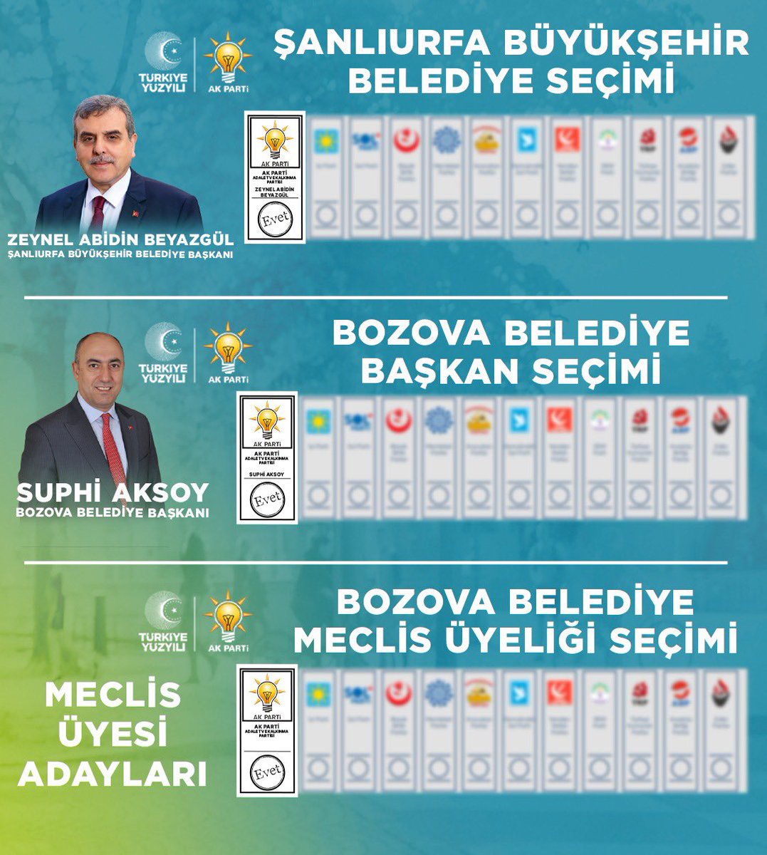 Kıymetli hemşehrilerim, 31 Mart Yerel Seçimlerinde, Şanlıurfa Büyükşehir Belediye Başkanlığı, Bozova Belediye Başkanlığı ve Belediye Meclis Üyeliği için 1. Sırada yer alan daire içerisine dışarı taşınmadan EVET mührü vurulmalıdır. 

Destek ve dualarınızı bekler saygılarımı
