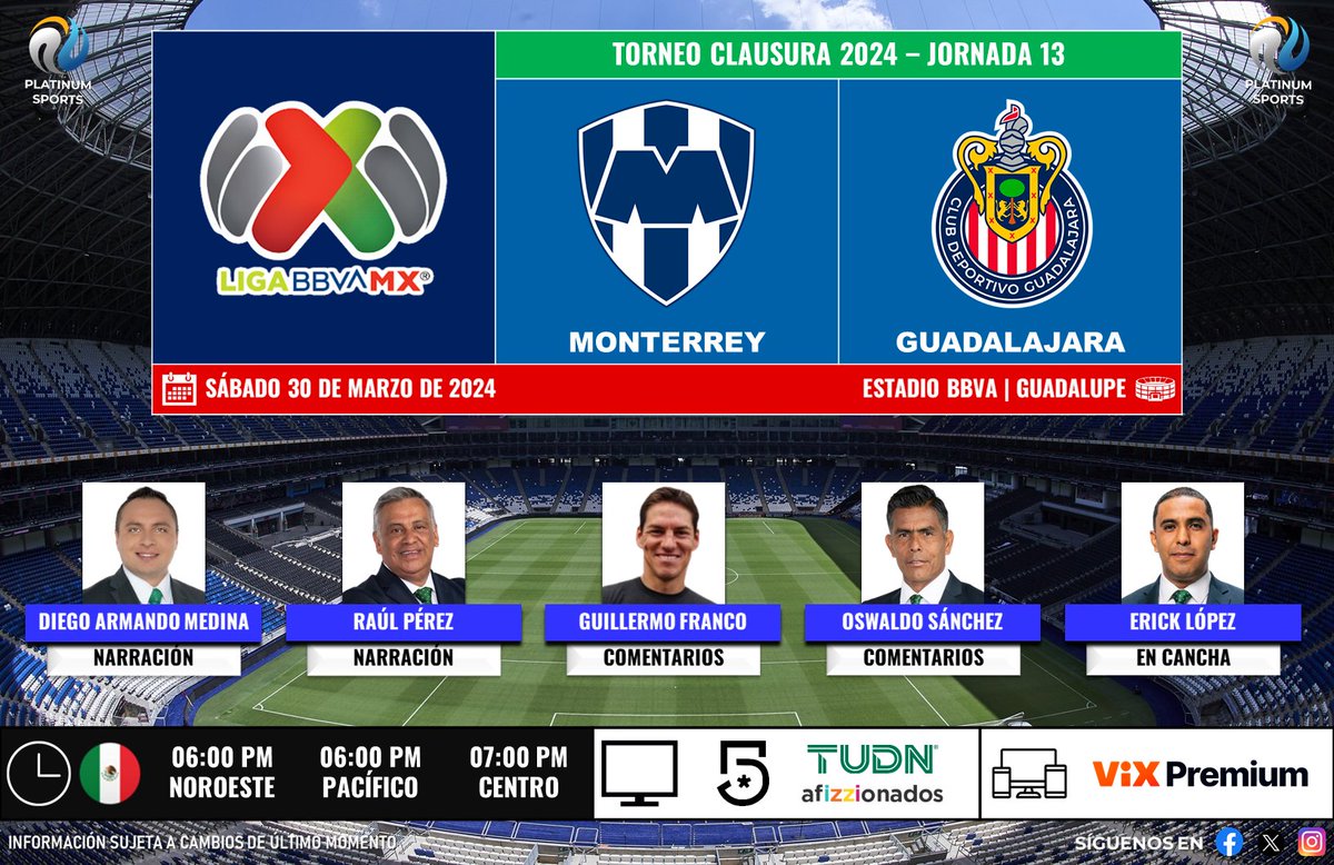 ⚽️ #LigaBBVAMX 🇲🇽 | #Monterrey vs. #Guadalajara 🇲🇽📺 @MiCanal5 / @TUDNMEX / @afizzionadosmx 🎙️ @DiegoArmaMedina 🎙️ @raul_perez_ 🎙️ Guillermo Franco 🎙️ @SanOswaldo_TD 🎙️📝 @_ericklo #MegaFutbol - #SabadoFutbolero