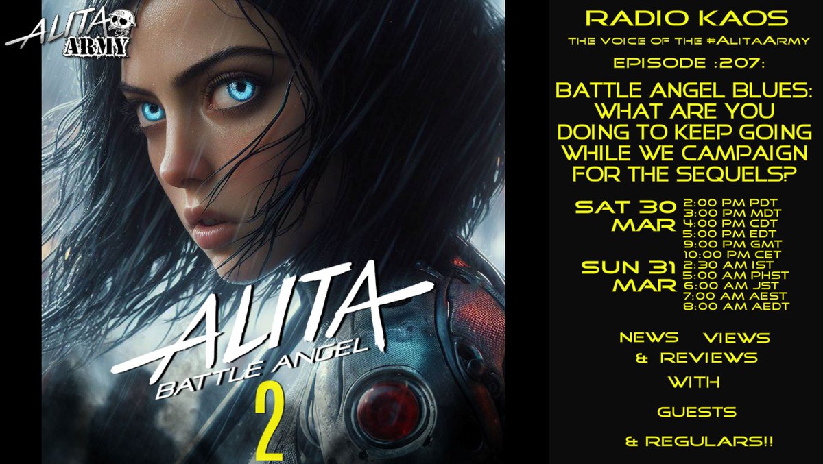 G'day #AlitaArmy. Let's face facts. It's been a long road, and we are still waiting for Disney to grow a brain and fund the Alita sequels. So, how do we keep buoyant, and keep going during these dark times? That's the topic for Radio KAOS Ep 207. Join us! youtube.com/live/ZFGET9GMS…