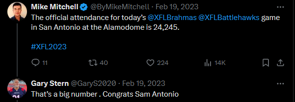 GarryS2023's tweet photo. for any One curious about Size of audience for UFL first gam , remember :
Last year xfl kick off with Bigs attendance
Real gary Stern was impressed
i LOVE this man , the funnier gary in Every way
" Sam Antonio "
#SamAntonio
Alouette win ! https://t.co/lhRhSbqfKP