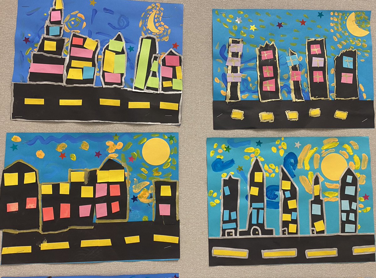 Happy birthday to my favorite artist, Vincent Van Gogh! Here’s my second graders’ Starry night inspired cityscape. I think Van Gogh would appreciate their version. @WoodlandES_HCS @HenryCountyBOE @vangoghmuseum @FineArtsHCS