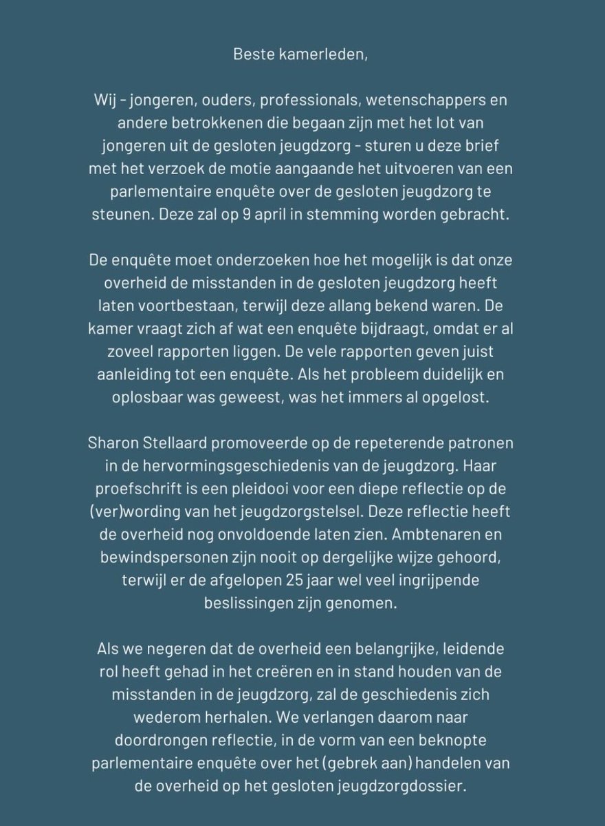 Verschillende partijen in de Tweede Kamer pleitten afgelopen de week tegen een beknopte parlementaire enquete over de gesloten jeugdzorg. Wij willen die enquete wél. Daarom heb ik een brief geschreven, die jullie kunnen steunen. Teken hier: petities.com/gesloten_jeugd…