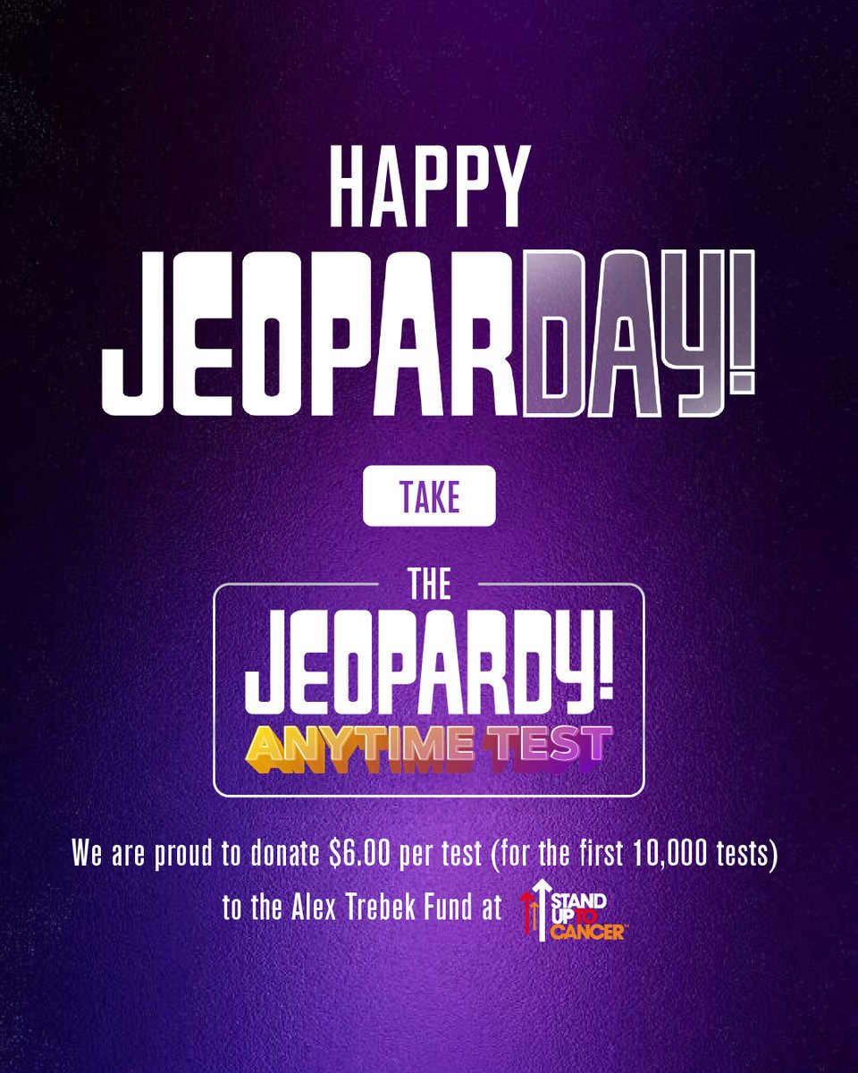 The #JeoparDAY! 60th Diamond Celebration is here 🥳 Join the festivities by taking the Anytime Test (even if you've already taken it this year!): bit.ly/AnytimeTest We're proud to donate $6.00 per test (for the first 10,000 tests) to the Alex Trebek Fund at @SU2C #Jeopardy