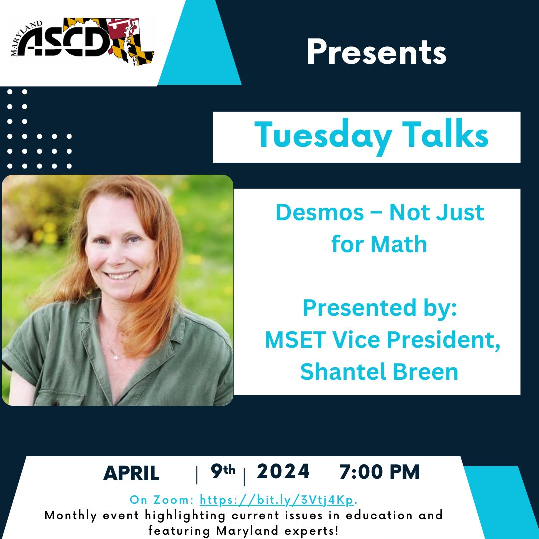 Our April Tuesday Talk is with @shamitchbreen from @BaltCoPS and @msetonline April 9th at 7 pm. DESMOS – NOT JUST FOR MATH. Explore @Desmos's interactive features & grasp the art of applying these features to any lesson. bit.ly/3Vtj4Kp