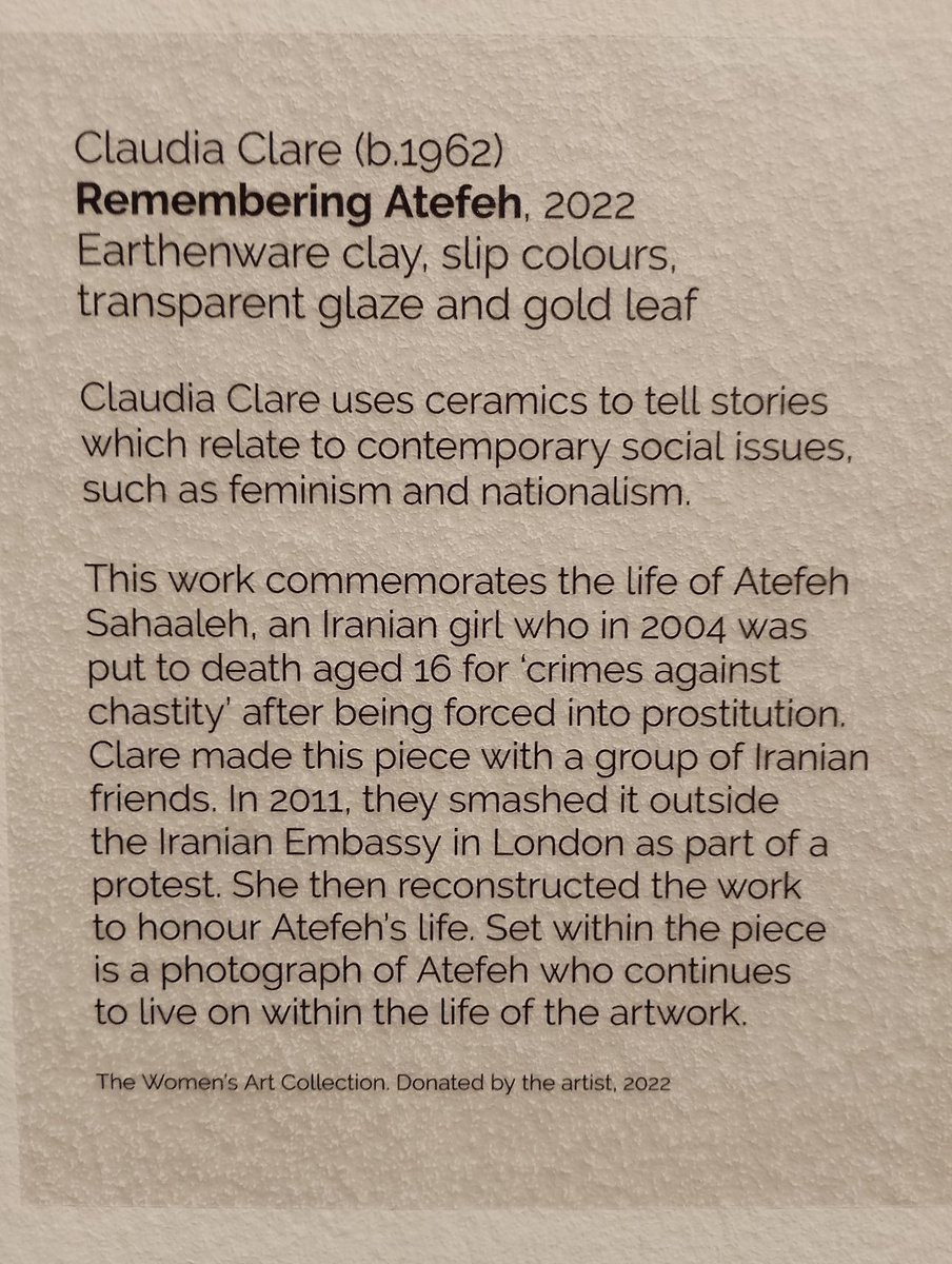 Saw this vase sculpture today by Claudia Clare To commemorate Atefeh, a 16 year old girl from Iran She was forced into prostitution and executed for 'crimes against chastity' The vase was smashed in front of the Iranian embassy and then reconstructed to remember her