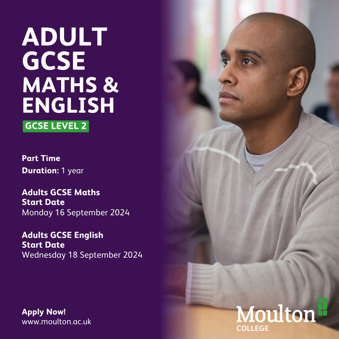 Introducing Level 2 Adult GCSE Maths & English Part-Time Courses! Ages 19+ without formal Math/English qualifications can develop key skills & earn recognised national certification. Level 2 GCSE Maths - moulton.ac.uk/courses/gm01/a… Level 2 GCSE English - moulton.ac.uk/courses/ge01/a…