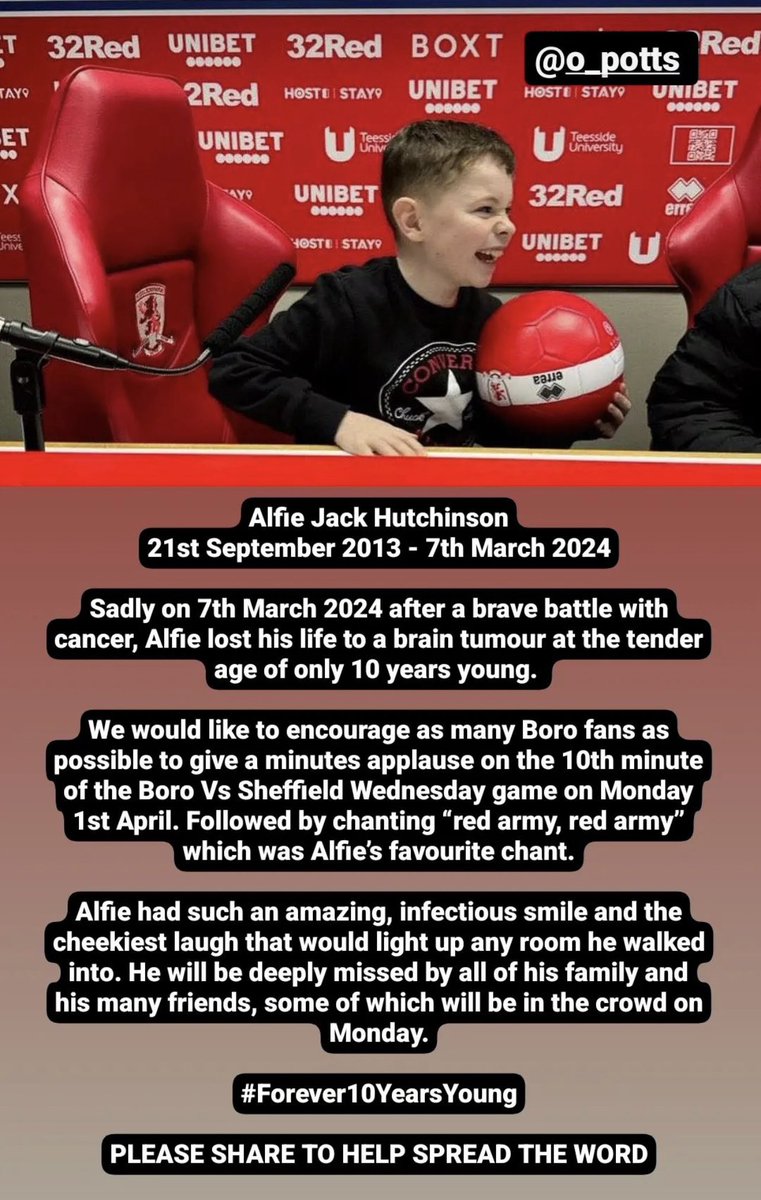 Just seen this by chance on Instagram. Thoughts with Alfie’s family and friends 😢

Please share #Boro Twitter community ♻️

If you’re at the game on Monday please take part in the 10th minute 👏👏👏
