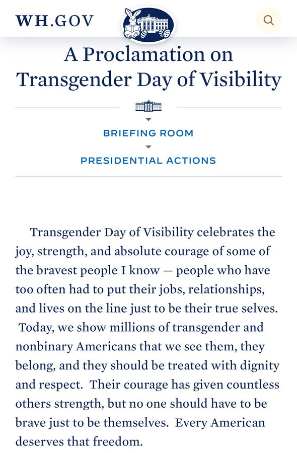 What's the White House focused on for Easter Weekend? Jesus? His sacrifice on the cross? Nope. Instead of celebrating Easter, the White House has banned religious displays for the White House Easter Egg hunt and declared a 'Transgender Day of Visibility' So much for Biden…