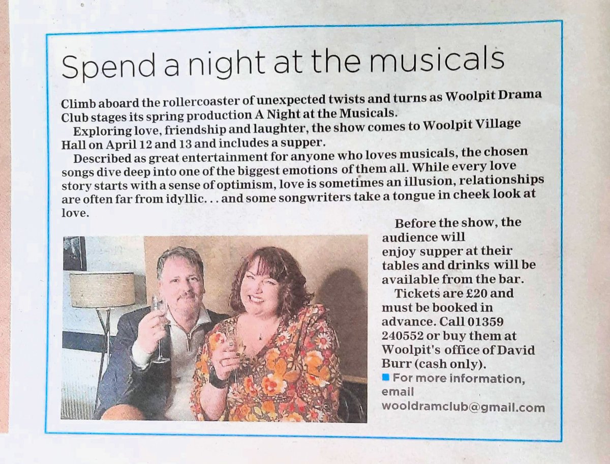 WoolpitDrama's tweet photo. Nice piece in @buryfree this week about A Night at the Musicals April 12 and 13, Woolpit village hall.
Still some tickets remaining - delicious supper and some punchy songs from musical shows of all eras.
Call 01359 240552 or email wooldramclub@gmail.com to book. https://t.co/KoBkhwHMEX