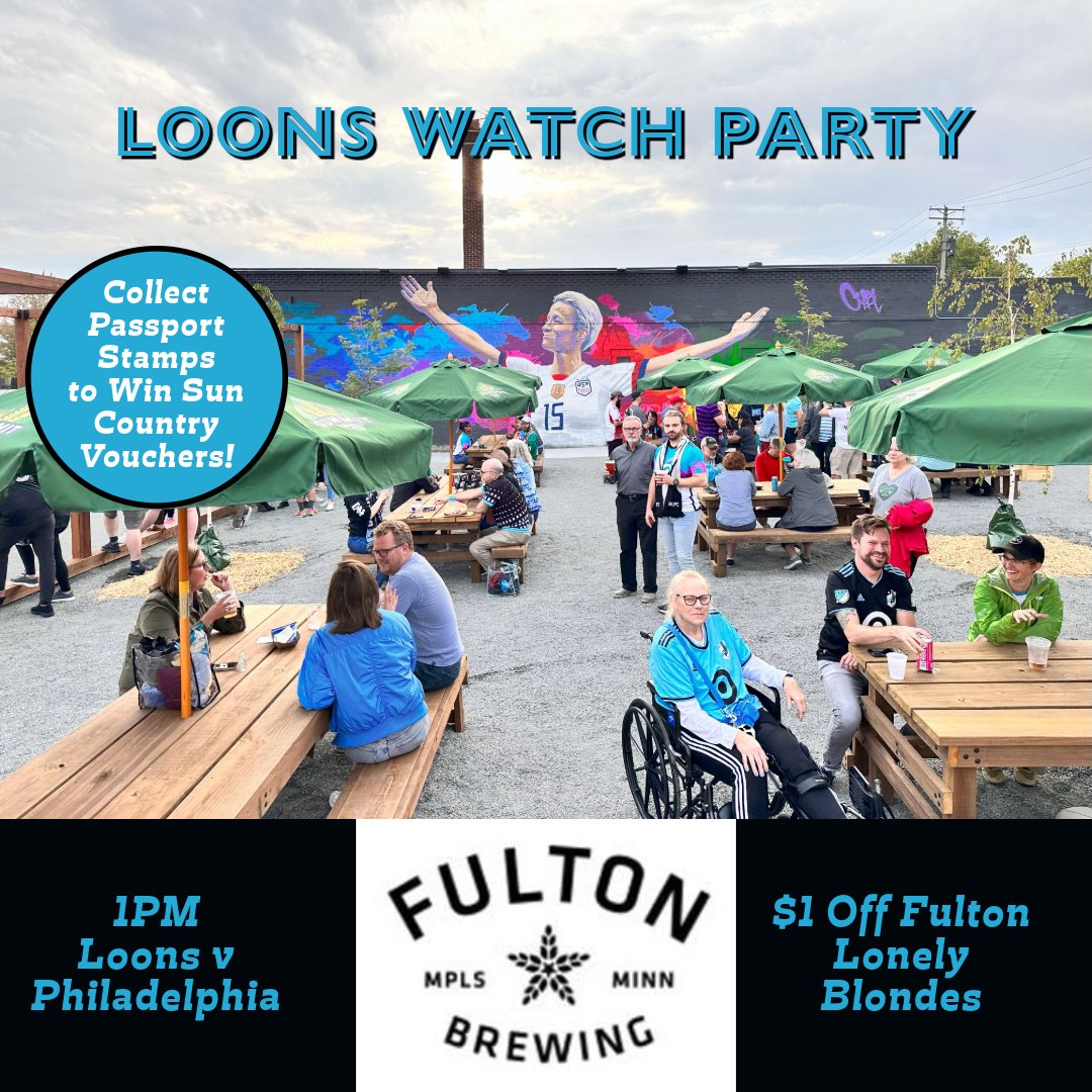Loons Gameday Alert! 1PM v Philadelphia Return of the Fulton & Sun Country Passport Program. Collect stamps from every watch party to win prizes like a pair of Sun Country tickets.