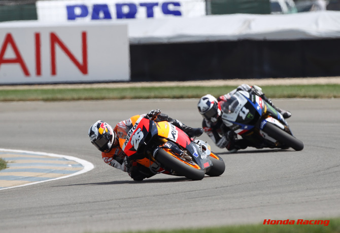 Indianapolis 2010 🇺🇸 Dani Pedrosa on Repsol Honda RC212V claims his 2nd win in the USA, by 3.6 seconds over Ben Spies. (Photo: @HondaRacingGLB)