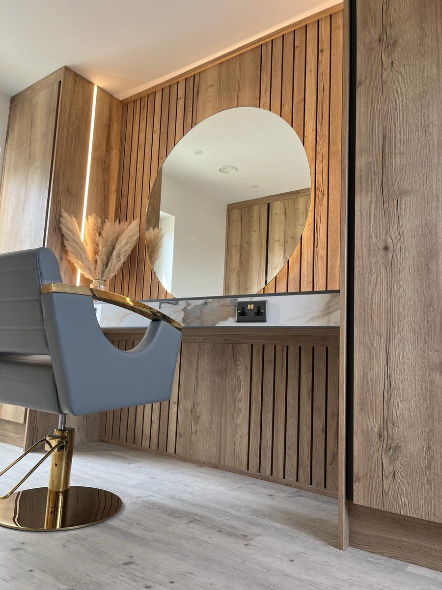 Egger Halifax oak salon with <a href="/HafeleUK/">Häfele UK Ltd</a> Gola rails and Loox lighting by <a href="/KBKITCHENS/">KB Kitchens & Interiors</a>