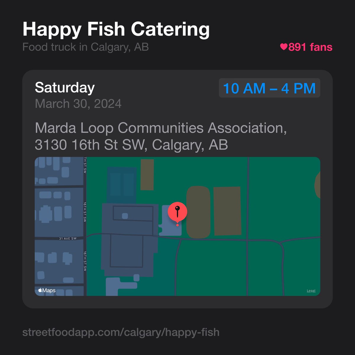 We're open today from 10 AM - 4 PM at Marda Loop Communities Association, 3130 16th St SW, Calgary, AB.

streetfoodapp.com/calgary/happy-…