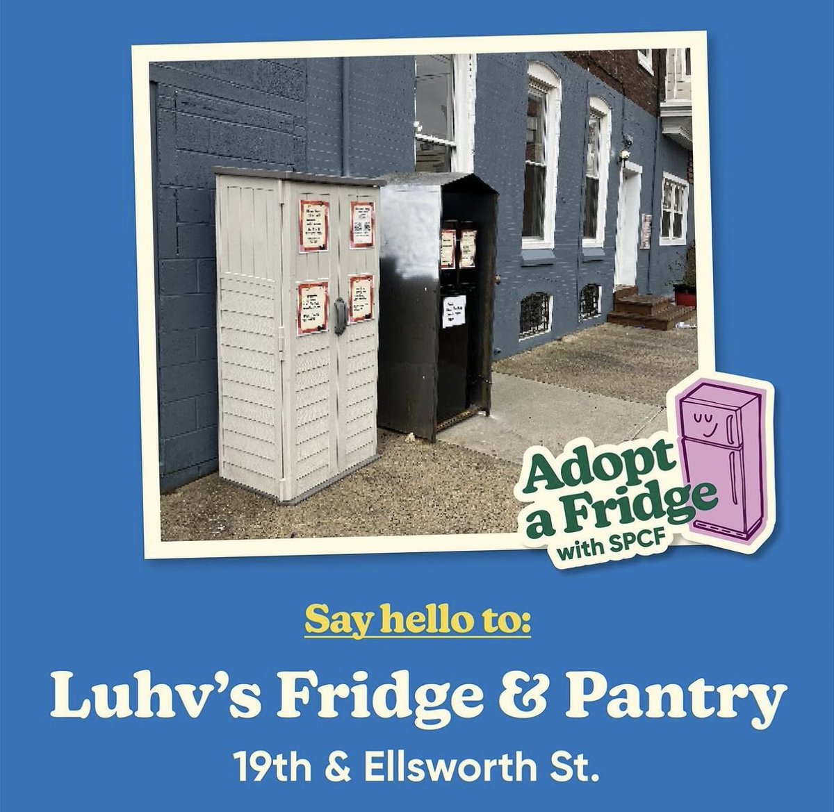 TCKickback's tweet photo. Pantry at 19th &amp; Ellsworth Street, born December 9, 2023.

This is our newest location with a fresh pantry and fridge right across from Chew Playground. 
@luhvfood stop in for delicious vegan bites!

southPHLcommunityfridge@gmail.com
https://t.co/nPhQ0X2GWB https://t.co/dmSk1Y1Nlo