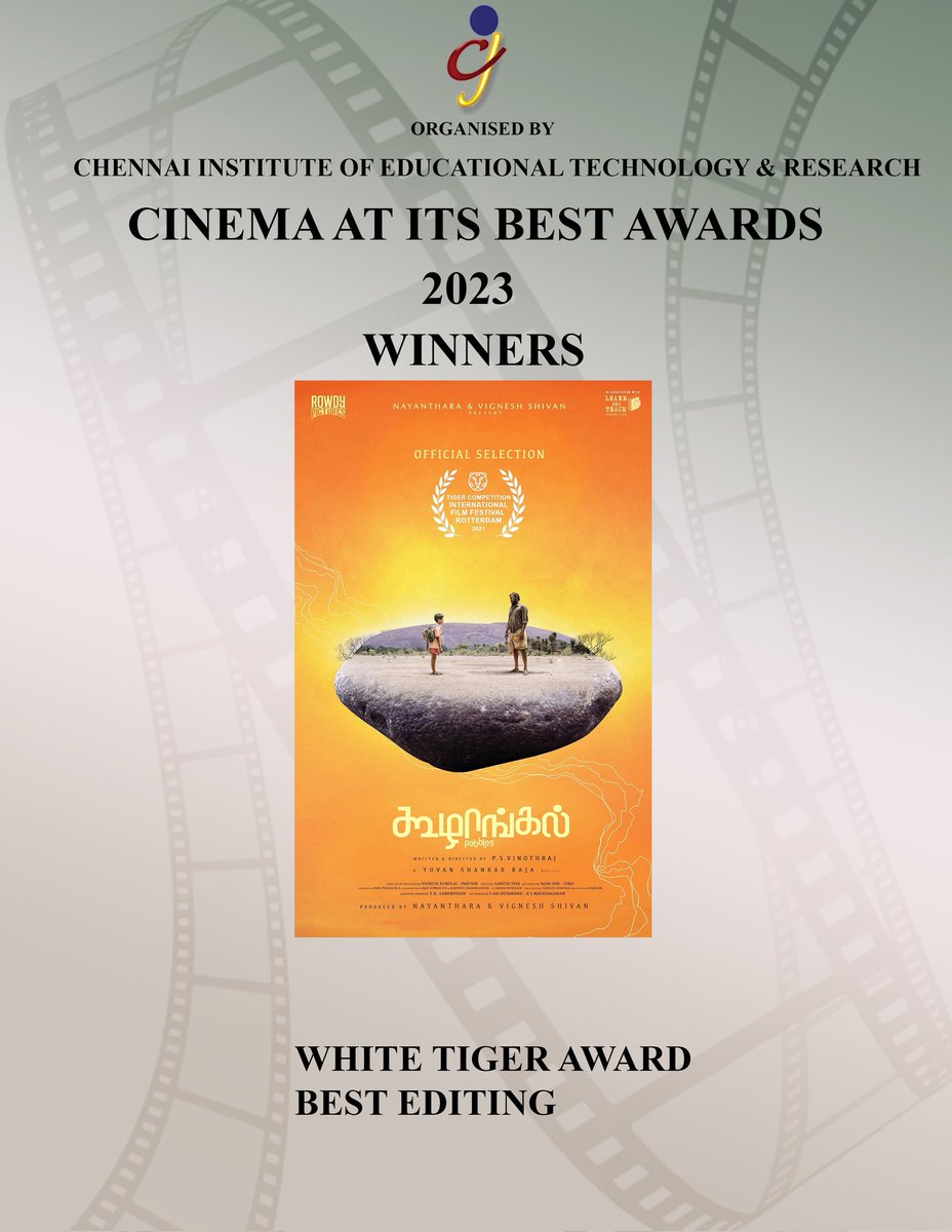 #Koozhangal won the prestigious 
#WHITETIGERAWARD in #CAIBAWARDS2023 Including 
#BESTEDITING 
Congrats to the Winners & the whole team.