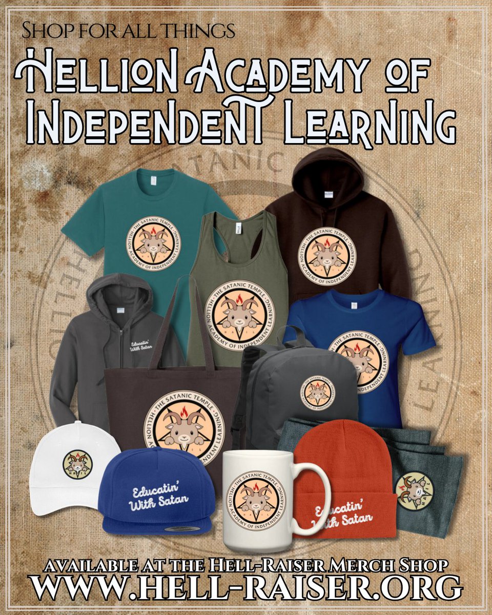 Show your support for The Satanic Temple's Hellion Academy of Independent Learning program, now with a wide array of products and color options to choose from. Available exclusively at the Hell-Raiser Merch Shop. hell-raiser.org