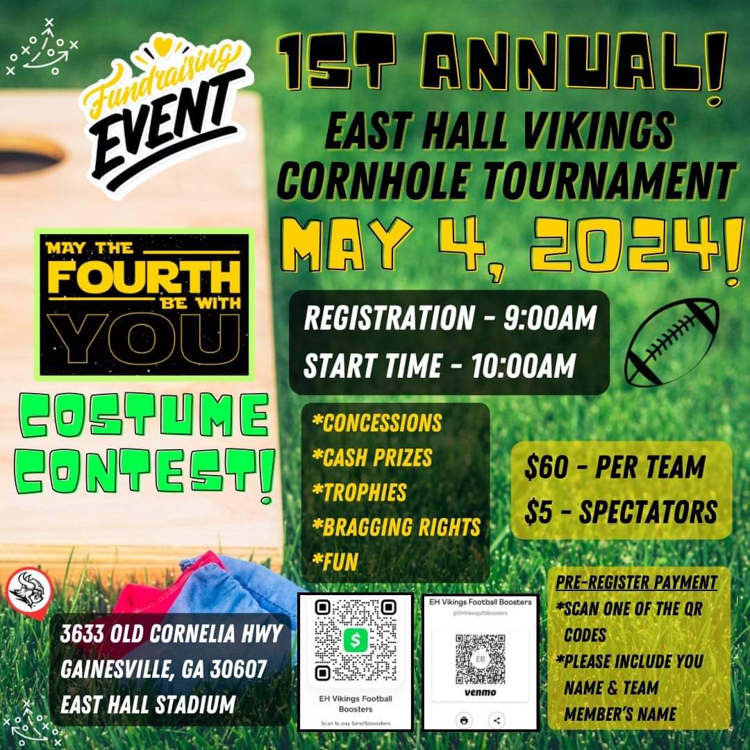 Happy Easter weekend! I hope everyone is enjoying their weekend! Guess what! If you have one of our football players on your cornhole team, you get $10 off!! Sign up details below! @EastHall_FB @EastHallHighSp1 @EHViking_S_C @EHHSVikings @EastHallMiddle