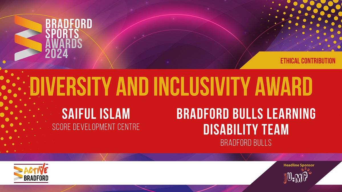 We're announcing the next finalists, this time it's the Diversity & Inclusivity award! Well done to Saiful Islam from @enterprise_isse and Bradford Bulls Learning Disability team @BullsFoundation #BSA24 #ActiveBradford