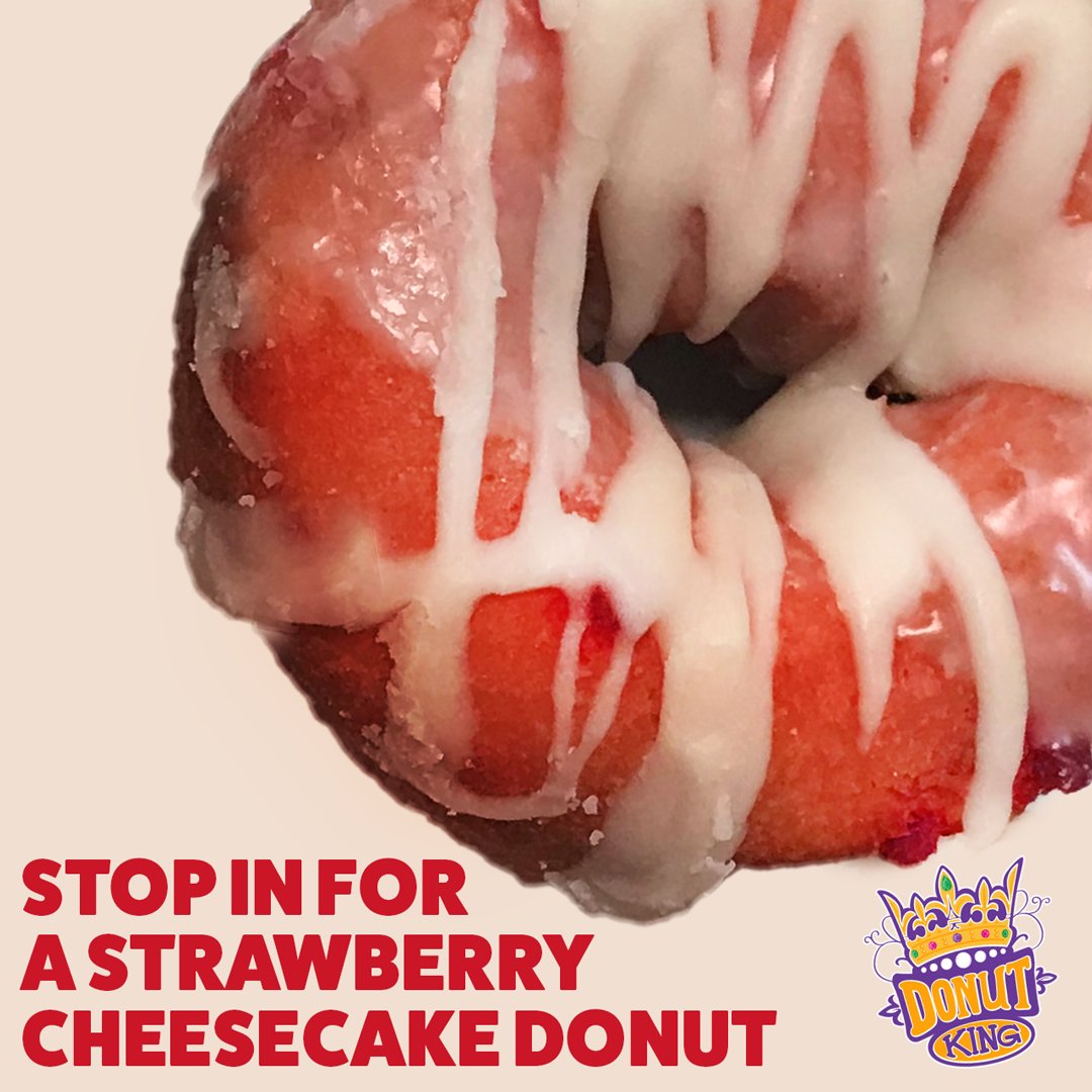 Stop in and grab a Strawberry Cheesecake donut. #donutshop #donuts #coffee #donutkingkc #kansascitymissouri #letseatsomedonuts #strawberries #strawberrycheesecake