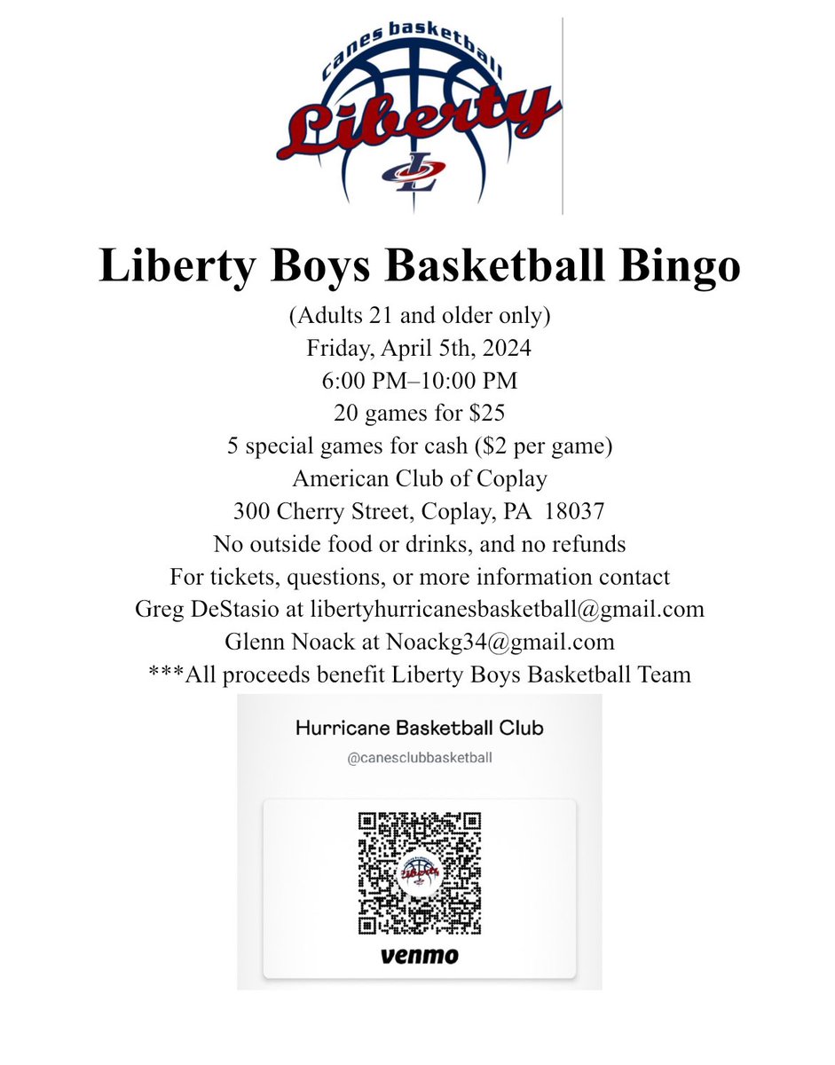 Looking for something to do next Friday night???? Come out and support the Liberty Boys Basketball team at our Bingo Fundraiser!!! Tickets still available!