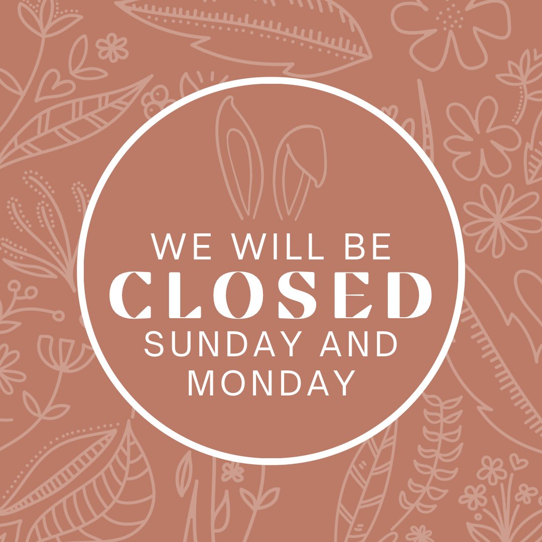 We are open today from 12pm-12am, and then closed for Easter on Sunday + Monday.