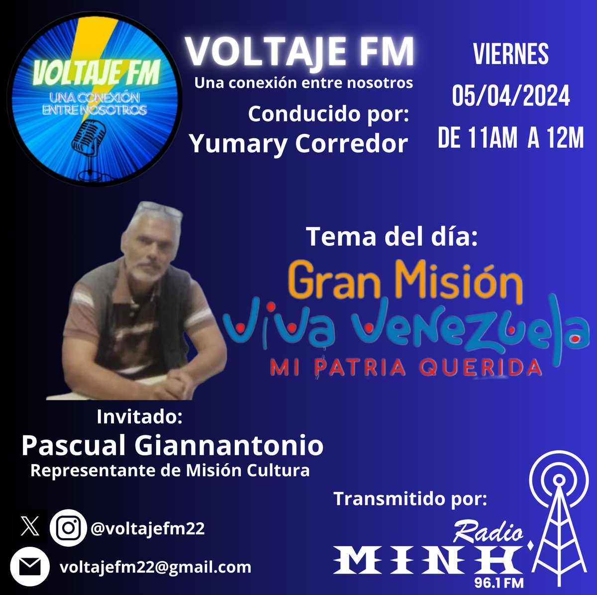 Viernes 5/04 a las 11am #voltajefm entrevista a Pascual Giannantonio representante de #Misioncultura dónde conoceremos todo acerca de la #GranMisiónVivaVenezuela Mi Patria Querida por #RadioMINKA 96.1FM