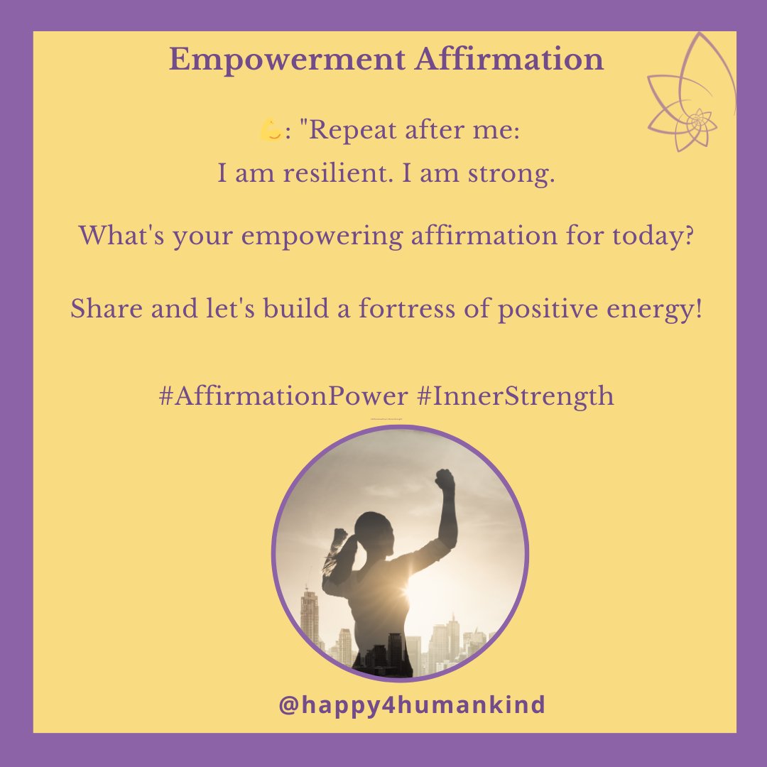 💪 Repeat after me: 'I am resilient. I am strong.' Let's cultivate a fortress of positive energy! Share your empowering affirmation below. #AffirmationPower #InnerStrength 💫🔥