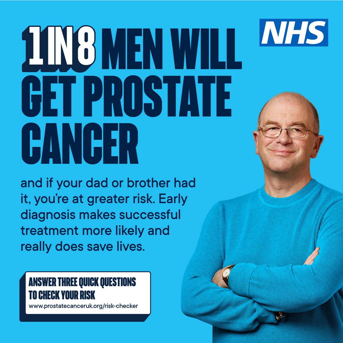 As part of #ProstateCancerAwarenessMonth. Encourage your dad, brother, uncle, partner, or best mate to check their risk in 30 seconds with the Prostate Cancer UK risk checker. 1 in 8 men will get prostate cancer. Early diagnosis saves lives.