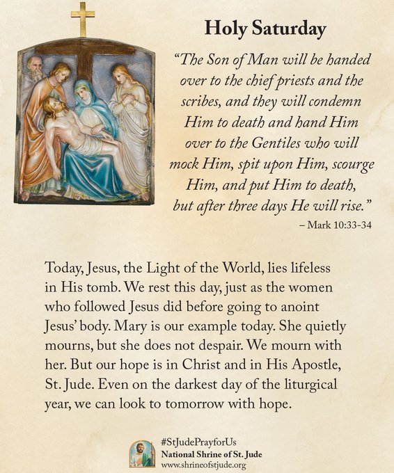 Today, Jesus, the Light of the World, lies lifeless in His tomb. We rest this day. Even on the darkest day of the liturgical year, we can look to tomorrow with hope.

Video: bit.ly/holysat3-30-24
Meditations: bit.ly/holyweekmedita…

-

#lent #HolySaturday #meditations