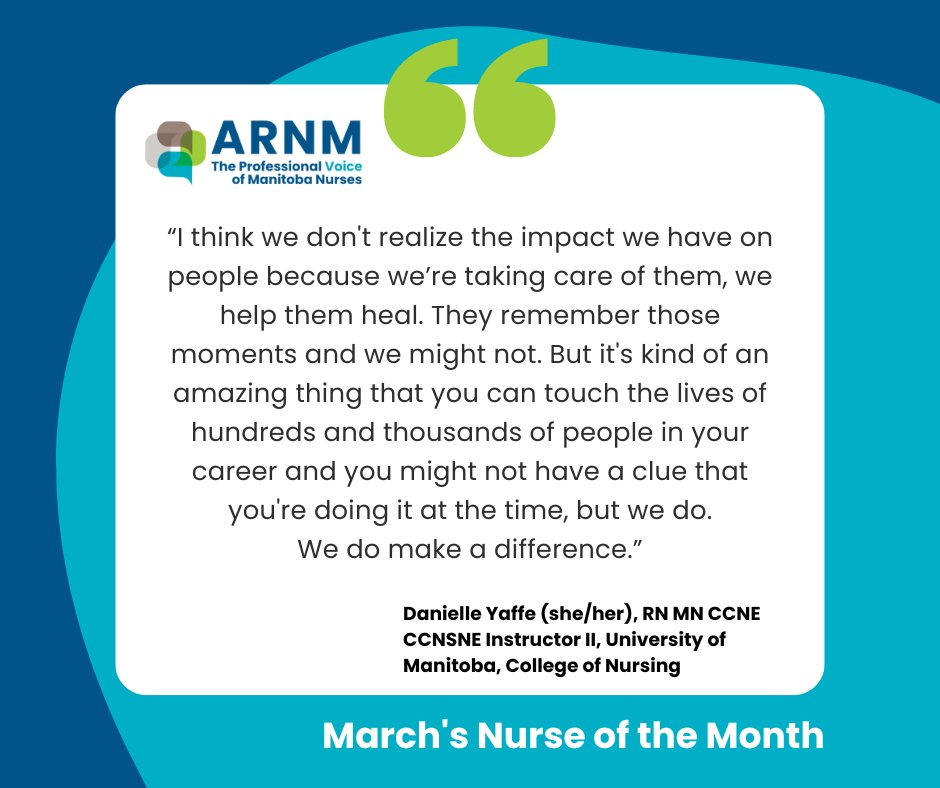 Meet our amazing Nurse of the Month for March, Danielle Yaffe! 

Her dedication, compassion, and expertise make her an invaluable member of our team. 

Join us in celebrating her hard work: ow.ly/tnT150R2R3o 

#ARNM #ARNMNurses #Nursing #ManitobaNurses