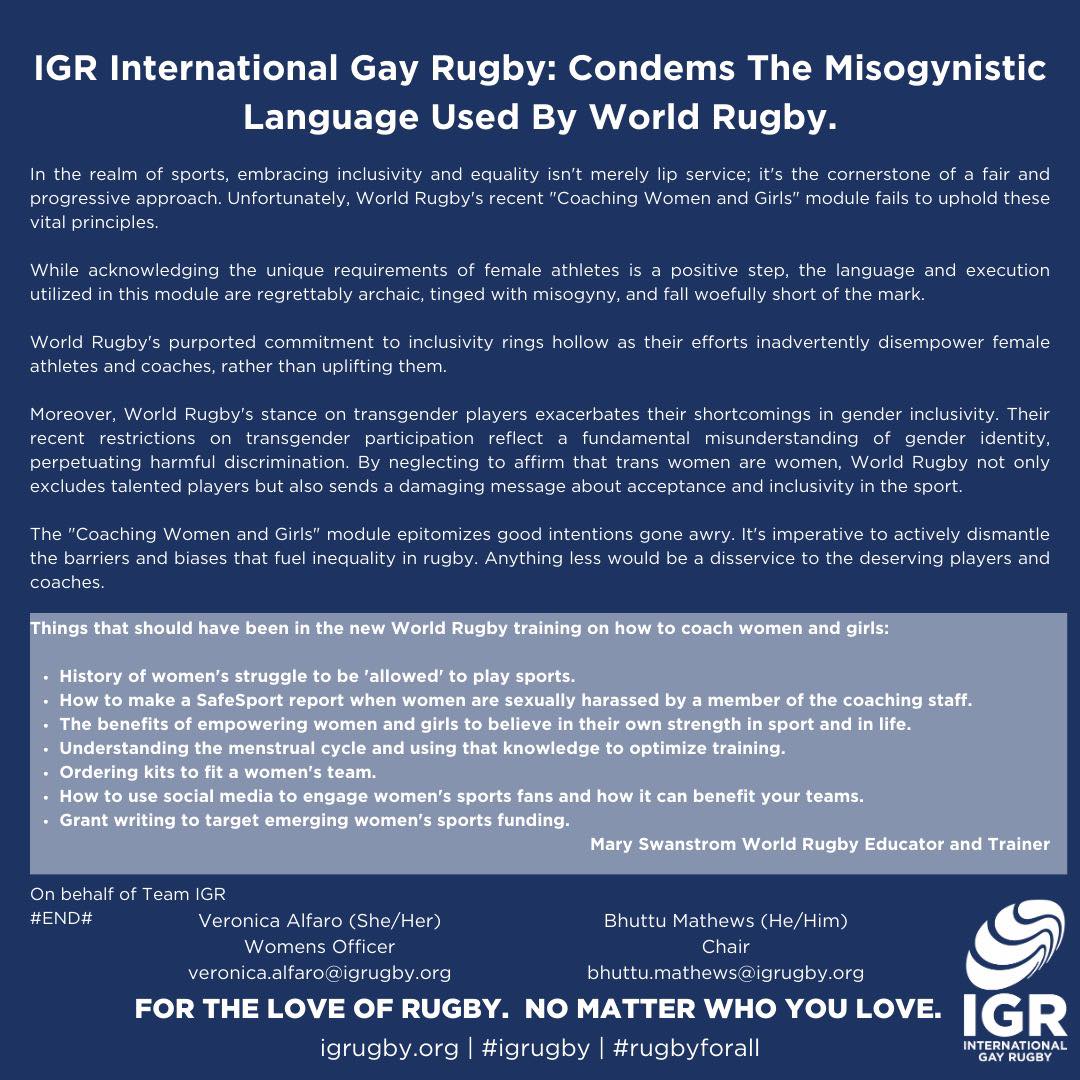 We condemn @WorldRugby misogynistic language in its 'Coaching Women and Girls' module. Embracing inclusivity is vital, but this falls short and disempowers female athletes. It's time for true equality in rugby. #InclusiveRugby #EqualityInSports #igrugby #rugbyforall
