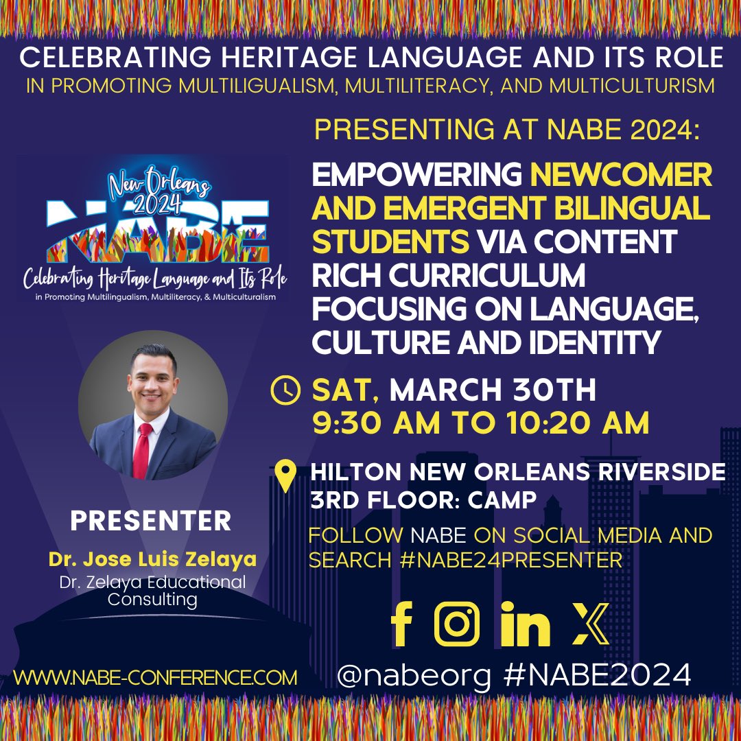 Muy buenos y lindo día #NABE2024 . Me da alegría de cordialmente invitarles a una conversación on how to Empower Newcomer and Emergent Bilingual Students via Content Rich Curriculum Focusing on Language, Culture and Identity. Reporting on student voices, their aspirations and…