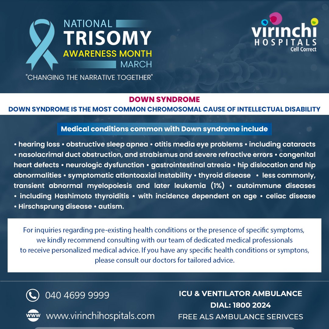 Down syndrome is the most common chromosomal cause of intellectual disability.

March is TRISOMY Awareness Month

For Appointment : 040 46999999  

For more, please visit : virinchihospitals.com

#TrisomyAwarenessMonth #trisomy #DownSyndromeAwareness #DownSyndromeAwarenessDay