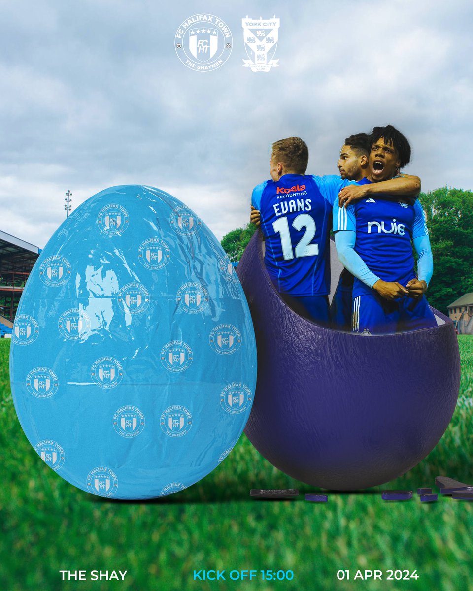👀 UP NEXT | The Shaymen vs York City 🔜 🐣FREE Easter eggs & squash for all children between 12-2pm in the East Stand Supporters Bar 🛍️ FREE Scarves for all Under 18s from 1.00pm main reception. 🎉 The Gaffer & team will then be in the Banqueting Suite after the game for