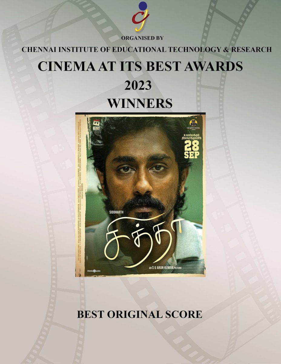 #Chiththa won 1 #CAIBAWARDS for #BESTORIGINALSCORE Congrats to the Winner & the whole team. @Composer_Vishal @DearthOfSid @Etaki_Official