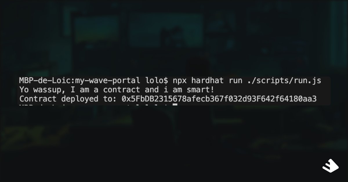 Just wrote + deployed my own Solidity smart contract locally -- slowly becoming a web3 master!

Shoutout to <a href="/_buildspace/">buildspace</a> ✨
