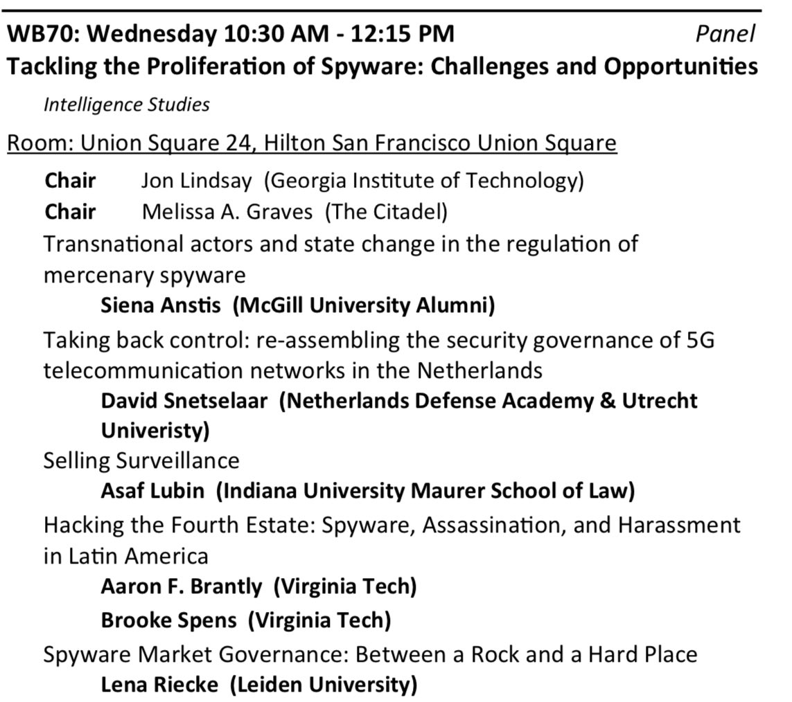 Heading to #SanFrancisco to attend #ISA2024. This is my first time at @isanet 😬! I’m excited to dig into anything intel, nat’l sec, & int’l law. On Wednesday I’ll be speaking about spyware regulation, forshadowing my forthcoming @OhioStateLJ article “Selling Surveillance”.