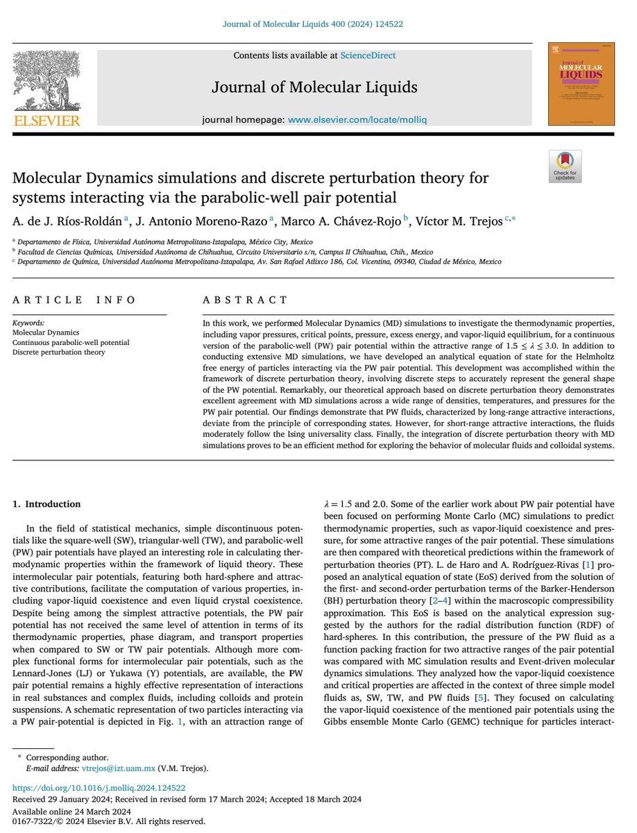 vmtrejosm's tweet photo. We are delighted to share our latest scientific contribution entitled "Molecular Dynamics Simulations and Discrete Perturbation Theory for Systems Interacting via the Parabolic-Well Pair Potential." https://t.co/QzL9UoDt1j https://t.co/xhVlzPmU8m