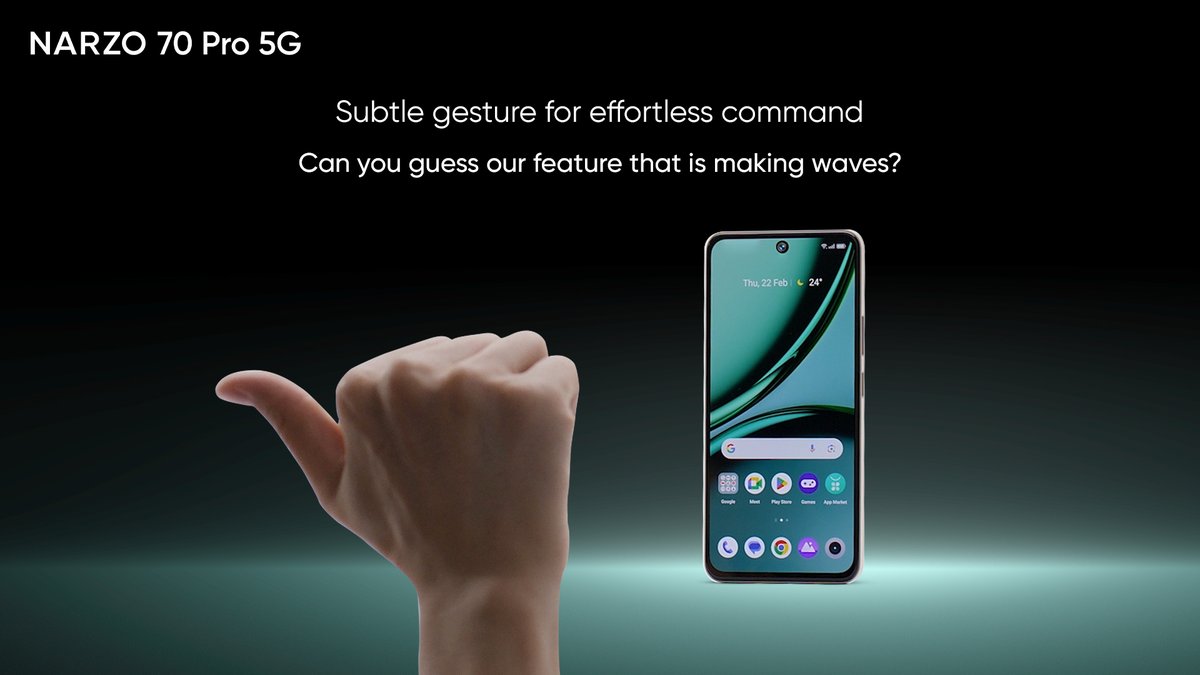 Which feature gives you smooth control with just a hand movement? Guess the feature and comment with the hashtag #NARZO70Pro5G, and You can win* FREE realme Buds T300! *T&C Apply: bit.ly/3TVda3r