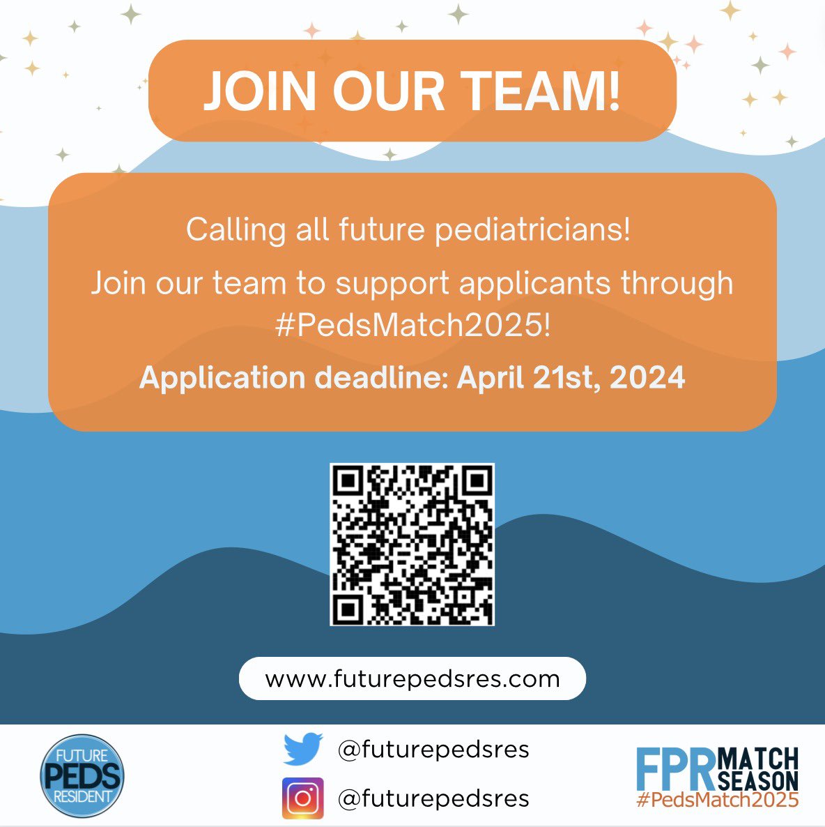 🚨Calling all medical students and residents🚨 Applications are now open for the #PedsMatch2025 @FuturePedsRes team!✨ forms.gle/dJ17ToSRazGqp2… 🗓️ The deadline to apply is April 21st at 11:59PM EST.