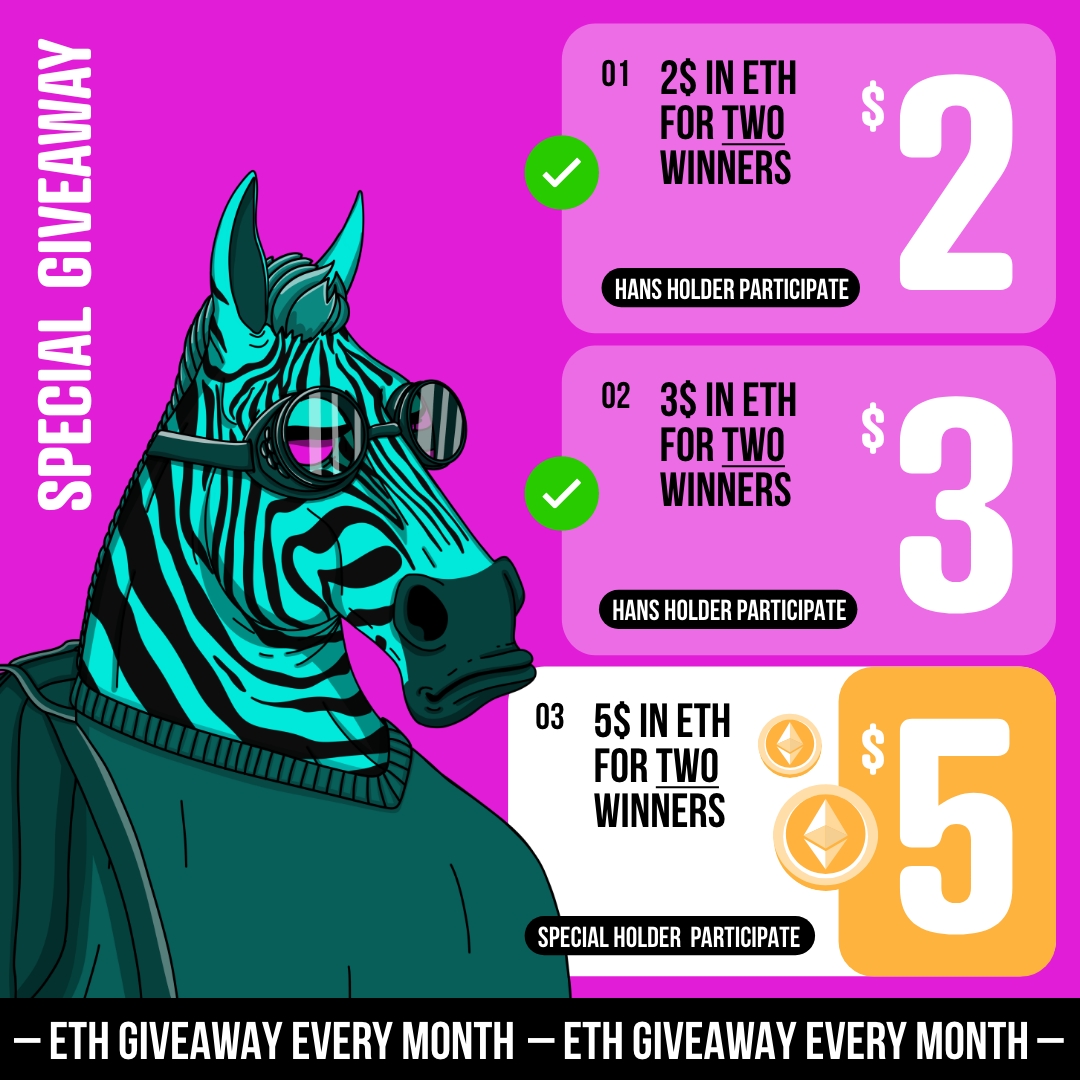 🎁 Prize: $5 in $ETH for 2 random Special Holders!* *Paid in Discord bot Tip.cc

✅Enter
1️⃣ Be a Member in our Discord (role SPECIAL HANS)
👉discord.gg/dGVEYW4hZD
2️⃣ Click on the button🎉 (channel "CHC-Giveaway" in our Discord) 

#NFTGiveaway #Ethereum #NFTs