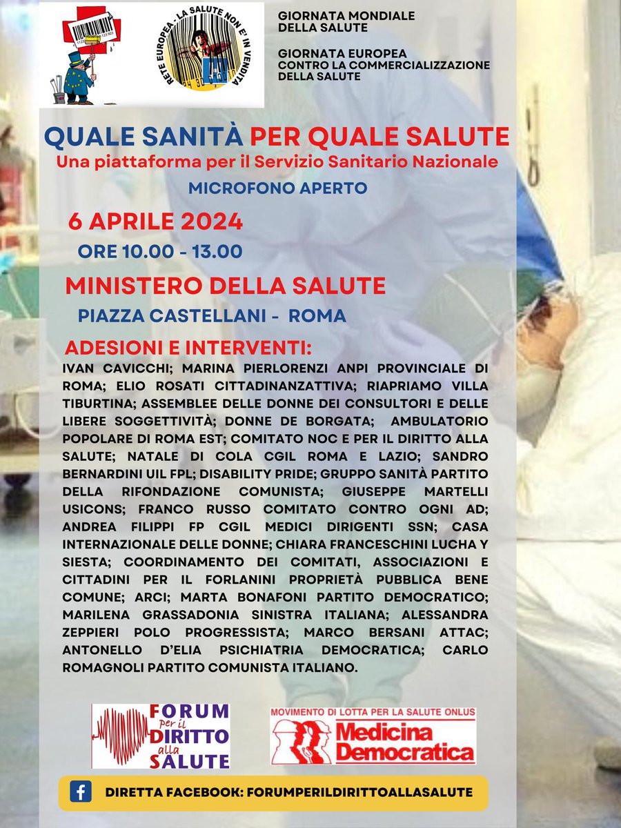 Sabato 6 aprile 2024 ore 10-13 presso il MINISTERO DELLA SALUTE - piazza Castellani - ROMA manifesteremo contro gli sprechi e la mala gestione per ottenere il Diritto a un sistema sanitario pubblico che rispecchi le esigenze della popolazione… Vi aspettiamo numerosi!