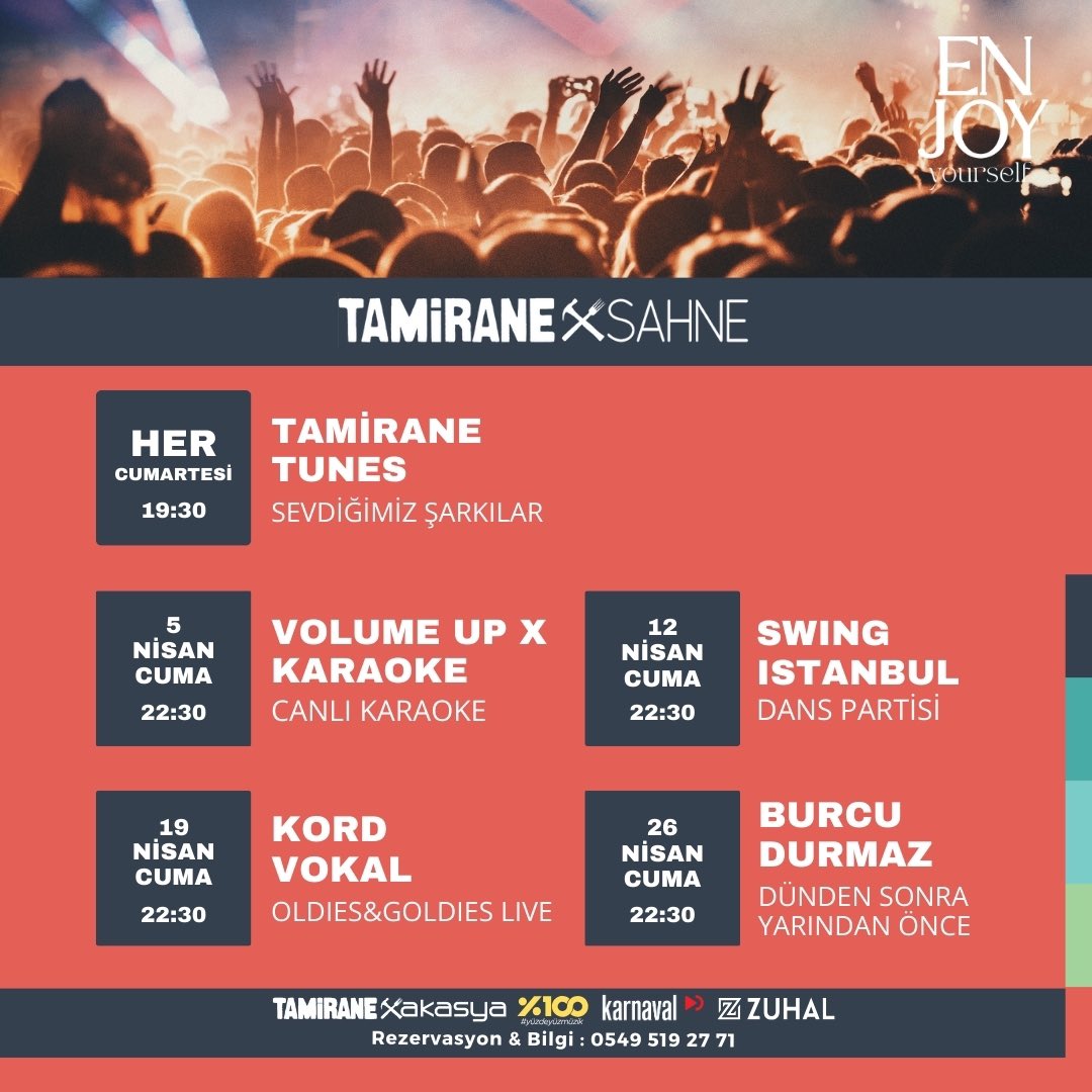 Tamirane Akasya Sahnesi’nin Nisan ayı takvimi yayında!🤩
Etkinliklerimizde bize katıl birlikte eğlenelim.🌸

☎️ 0216 519 27 71
📞 0549 519 27 71
#tamirane  #tamiraneakasya #tamiraneuniq  #konser #enjoyyourself #repairyourself #akasya #food #drink #cocktails #people #enjoy #sahne
