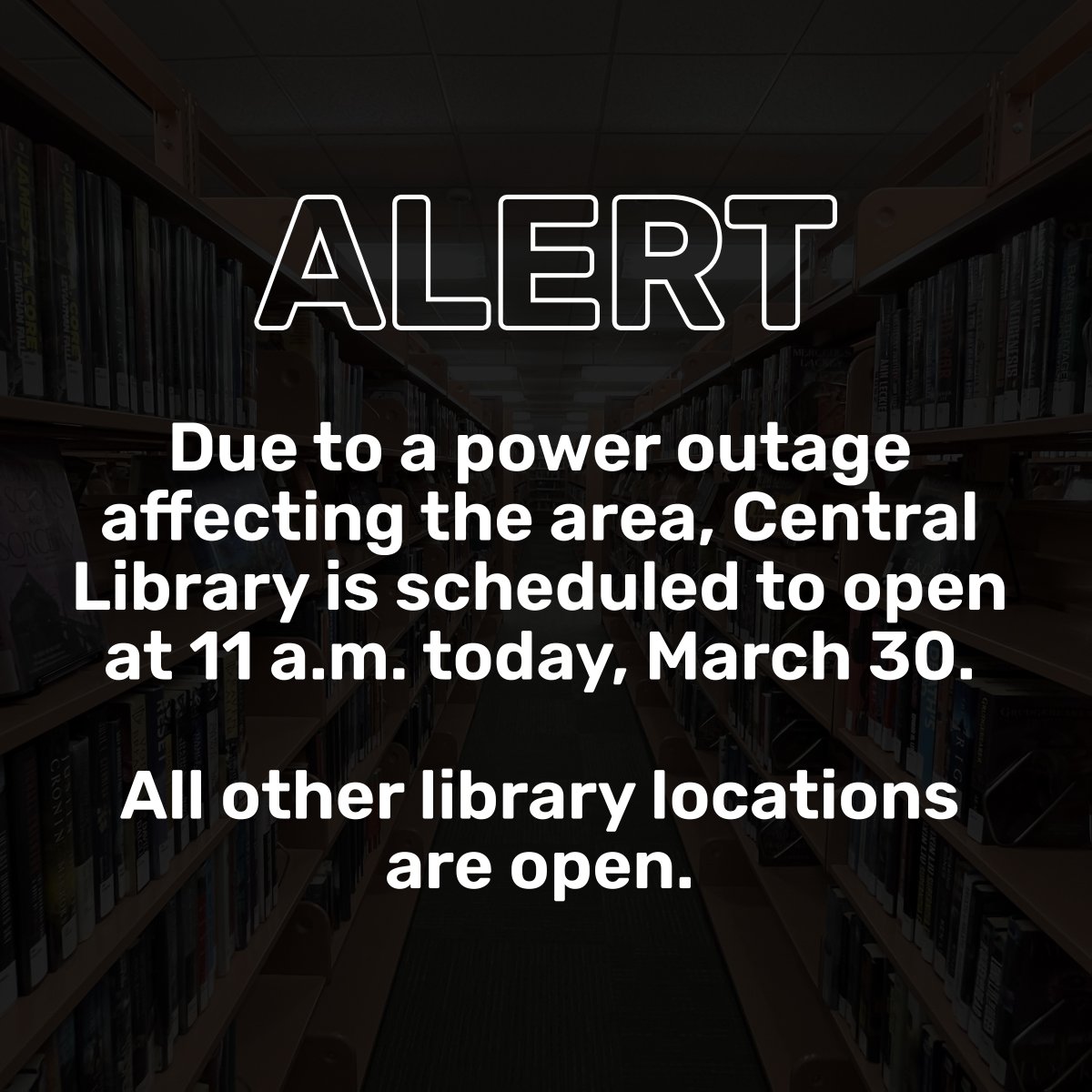 ALERT: Due to a power outage affecting the area, Central Library is scheduled to open at 11 a.m. today, March 30. All other library locations are open. Check our website for the latest status updates. 🔗 library.arlingtonva.us